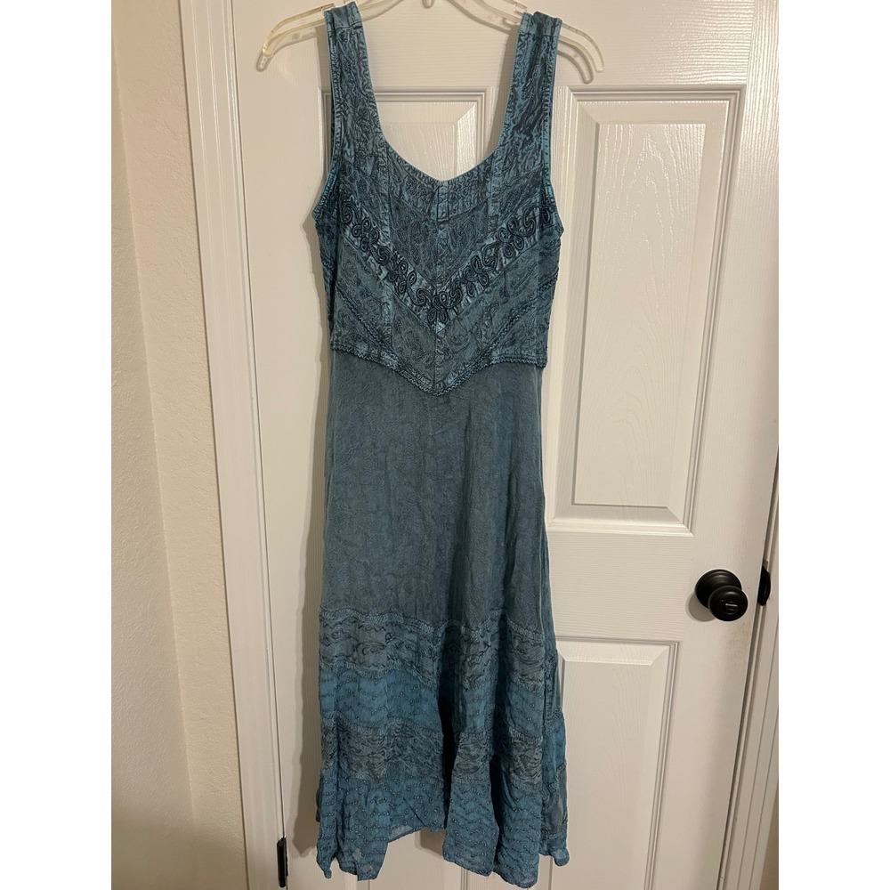 Advance Apparels Teal Blue Embroidered Boho Midi Dress Smocked Back Rayon L XL - Picture 1 of 9